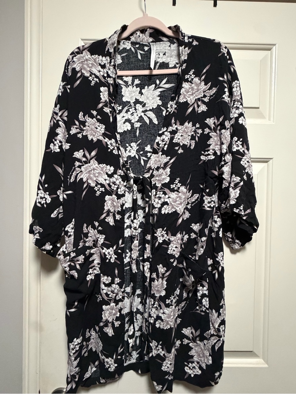 Spiritual Gangster Black Floral Cardigan with Pale Pink Trim